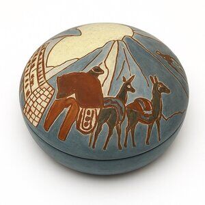 SOLD Vintage Peruvian Sgraffito Pottery Trinket Box Hand Painted San Carlos 3.5”